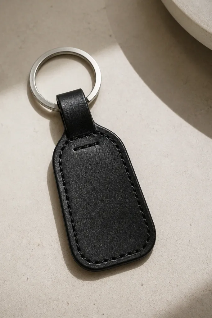 A black leather key fob with a simple stitched border and a small stamped rectangle near the top. The strap is narrow, with a brushed metal key ring.
