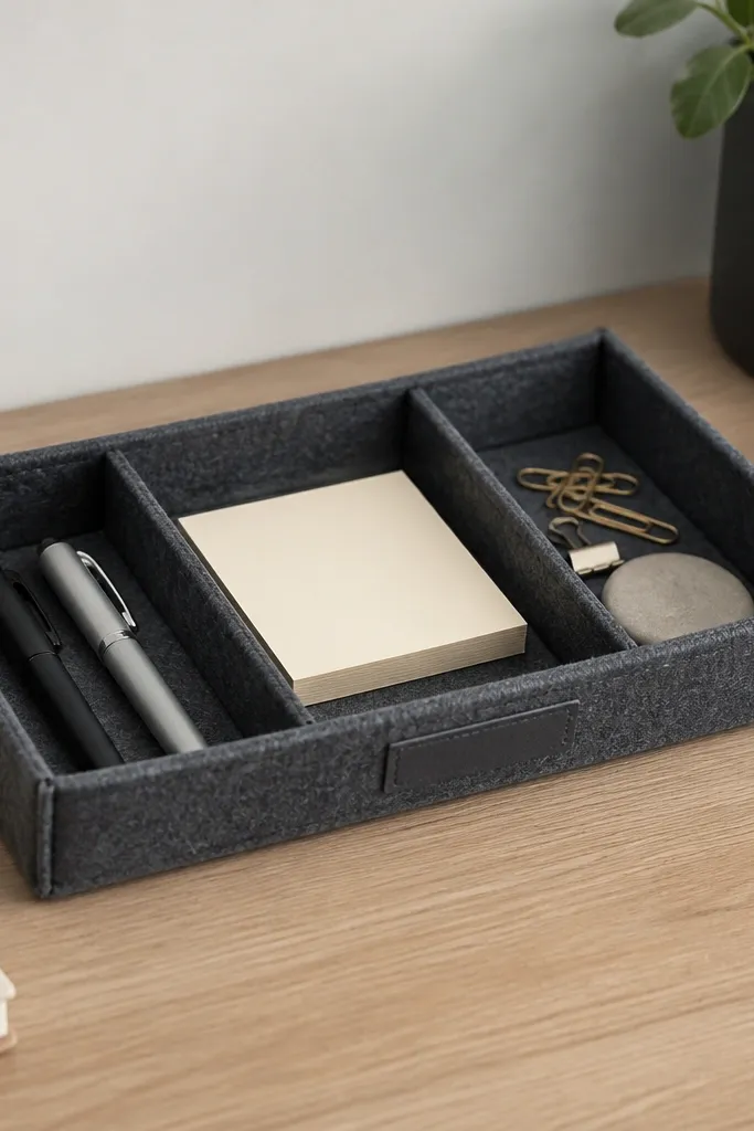 A shallow felt tray in charcoal gray with three sections for pens, sticky notes, and small items. The edges are clean with a folded seam and a simple label strip.