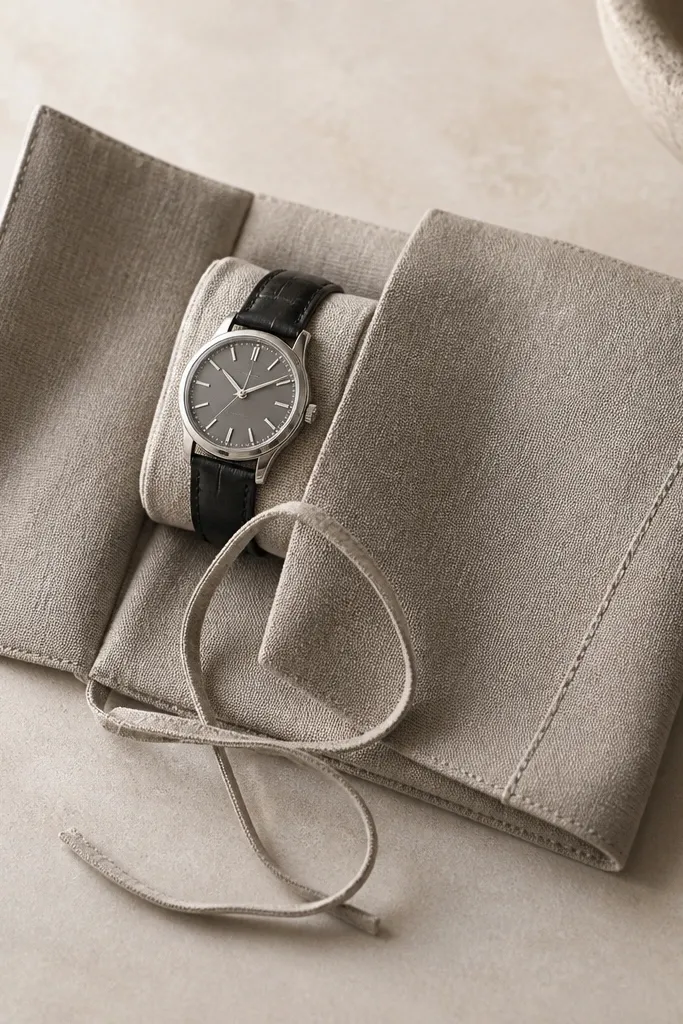 A folded linen wrap in stone color with a simple tie cord. Inside, it holds a watch on a small padded section, and the outer flap has one stitched line.