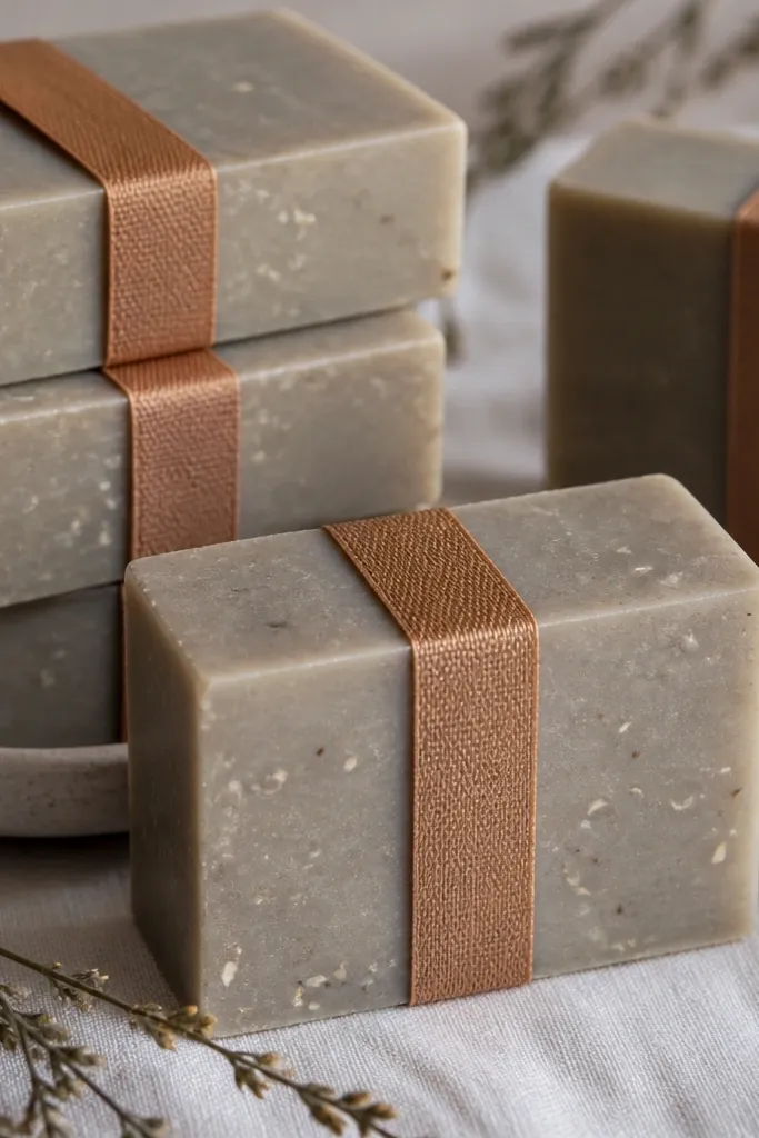 A set of soap bars in muted gray-brown with specks of oat and a thin cedar-colored ribbon label. The surface is matte and clean with no swirling patterns.