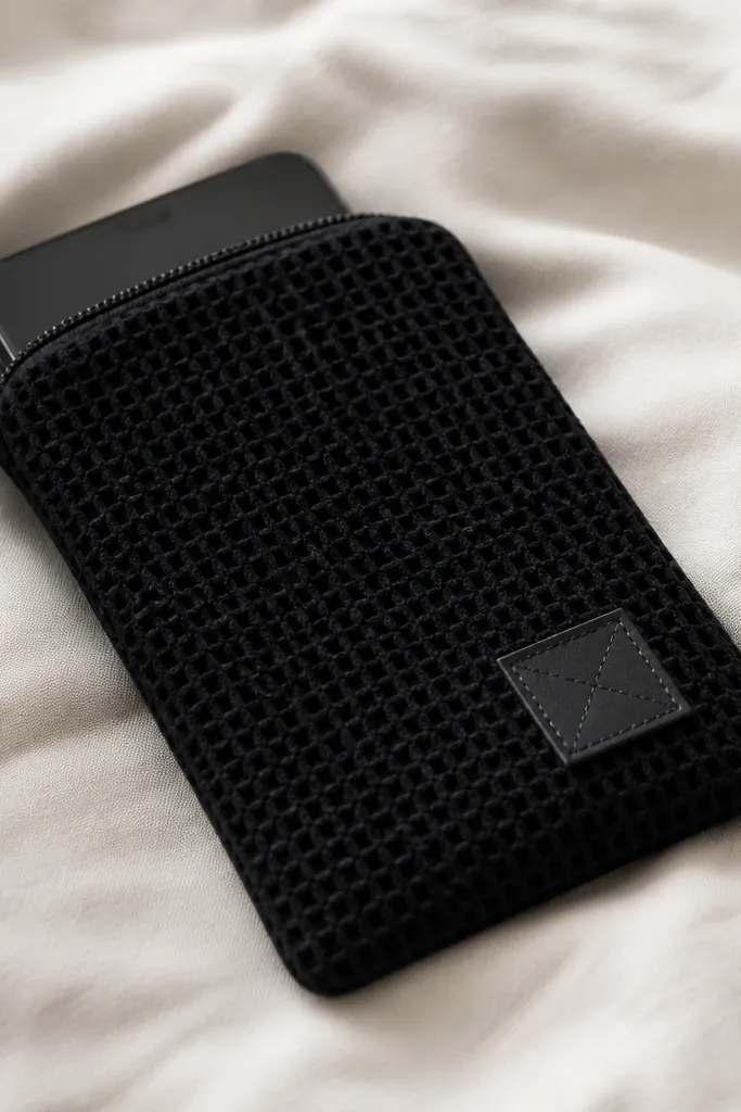 A phone sleeve made from black waffle-knit fabric with a thin zipper and a small stitched patch logo. The sleeve has straight seams and looks slim, not puffy.
