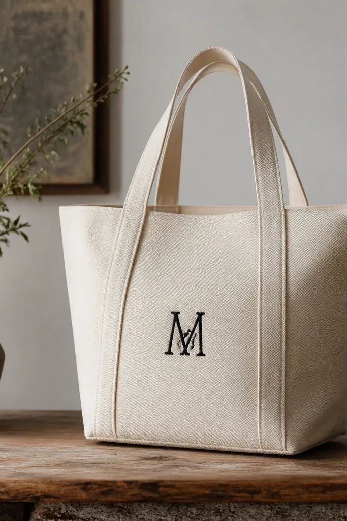 A natural canvas tote with a single black stitched monogram near the center and a small interior pocket. The bag has a clean flat base and looks structured.