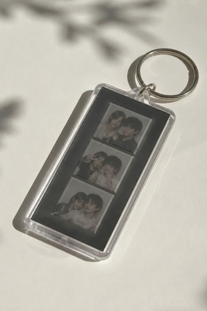 A small acrylic keychain holding a photo strip inside, with a matte black backing and a thin metal ring. The photo colors look muted through the matte finish.