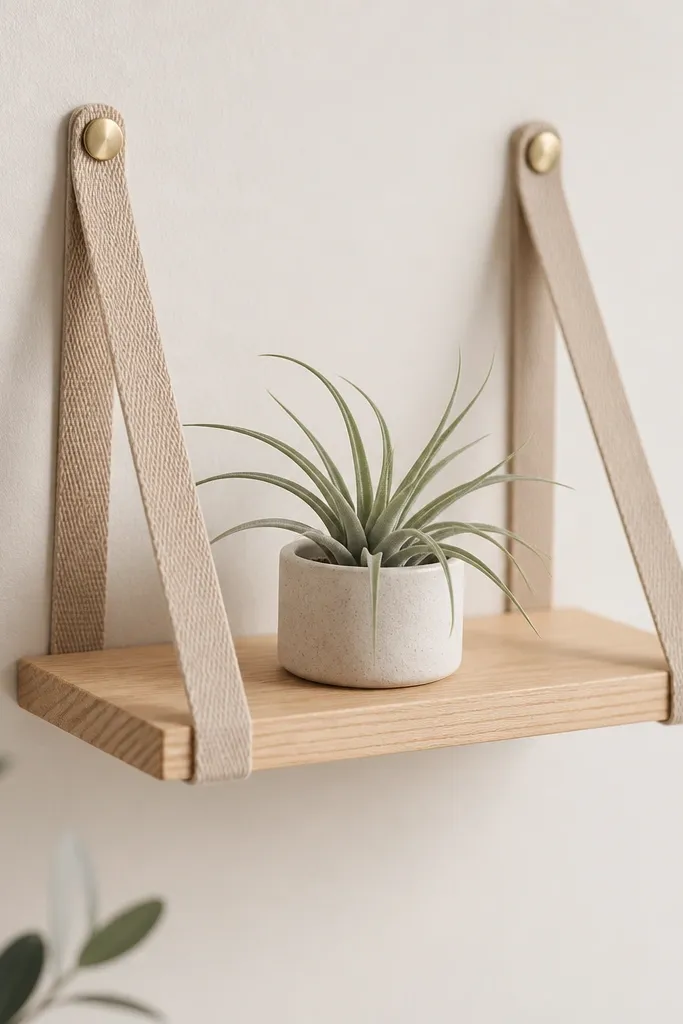 A small wall shelf made from light wood with a linen strap hanging from two screws. It holds an air plant in a minimal ceramic cup, with clean lines and neutral colors.