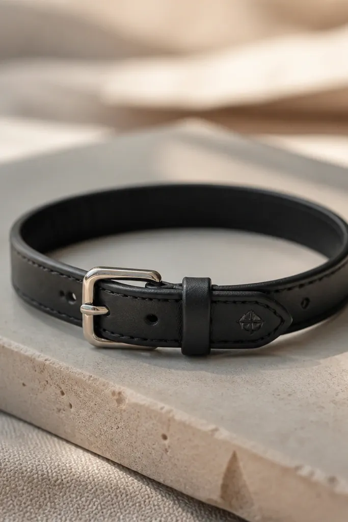 A slim black leather bracelet with a single metal buckle and a clean stitched edge. The leather looks smooth and matte, with one small brand stamp near the clasp.