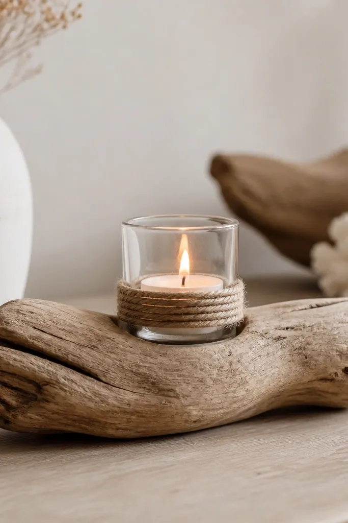A short driftwood piece with a small glass votive centered. The driftwood has a natural finish, and the votive is held with a neat twine wrap around the middle.