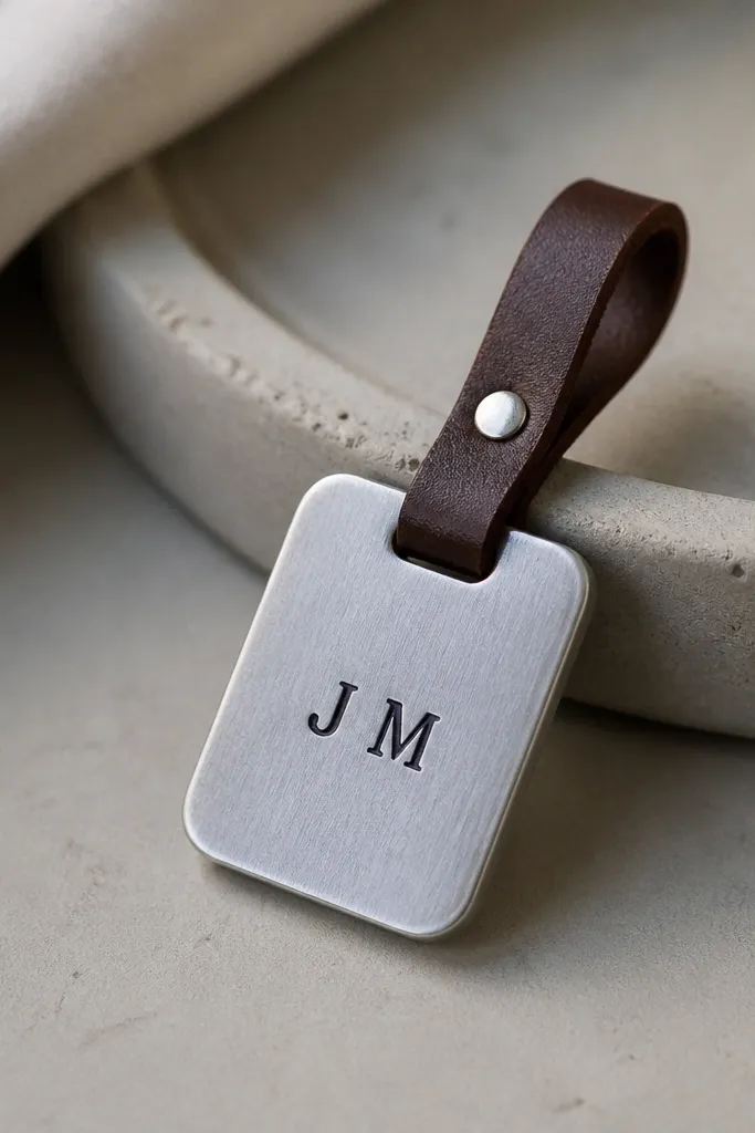A small brushed aluminum tag with rounded corners, stamped with his initials in black. It has a simple leather loop and a clean minimalist look.