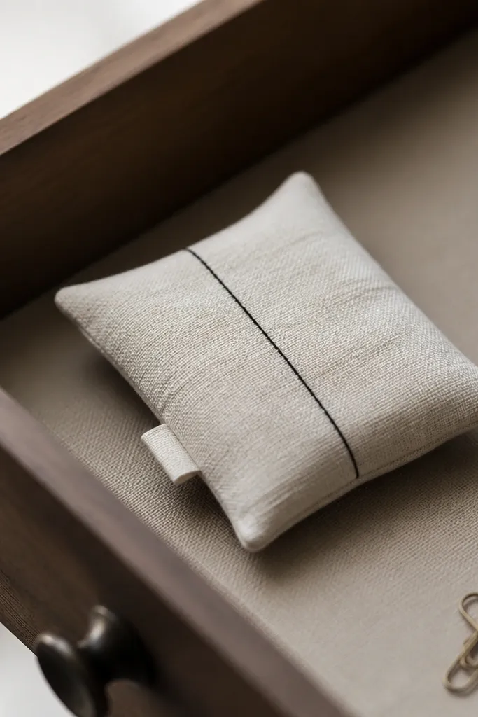 A small fabric sachet in off-white linen with a single black stitched line and a tiny label. It sits in a drawer with a few paperclips blurred nearby.