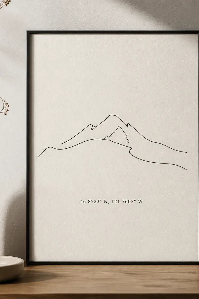 A framed minimalist print with a single line drawing and a short coordinate text. The paper is off-white recycled stock, and the frame is thin black metal.