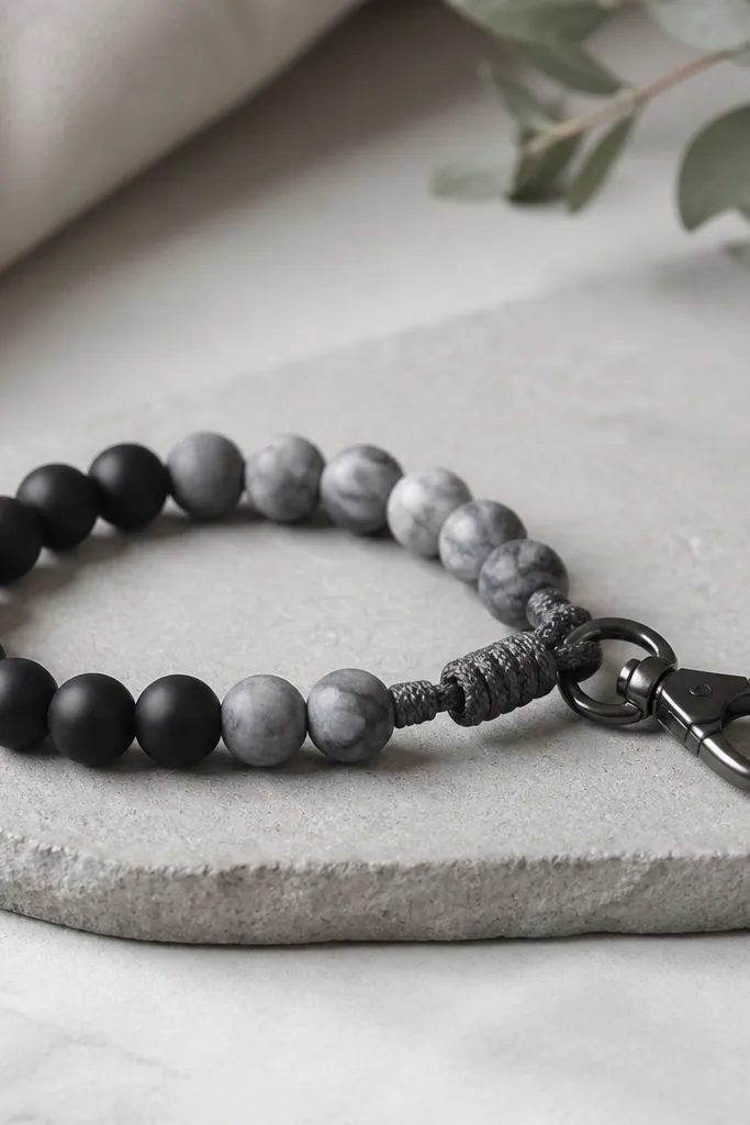 A small keychain that looks like a bracelet: matte black and gray beads with a braided cotton cord and a metal clasp. The color palette is muted and clean.