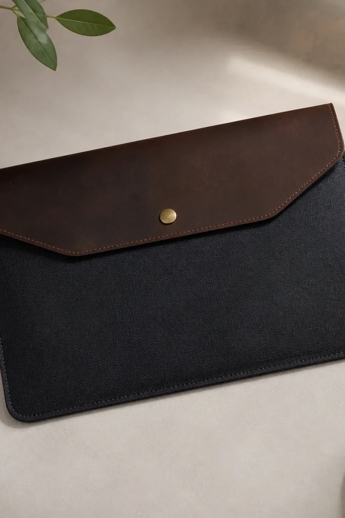 A laptop sleeve in dark canvas with a leather front flap and a single metal button. The stitching is straight, edges are burnished, and the sleeve looks structured.
