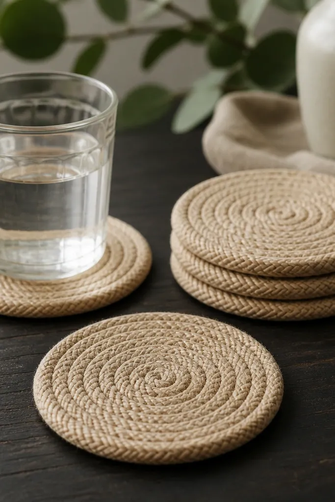 A set of round coasters made from tightly wound natural rope, with a neat burnished finish at the edge. The coasters are beige and sit on a dark table.