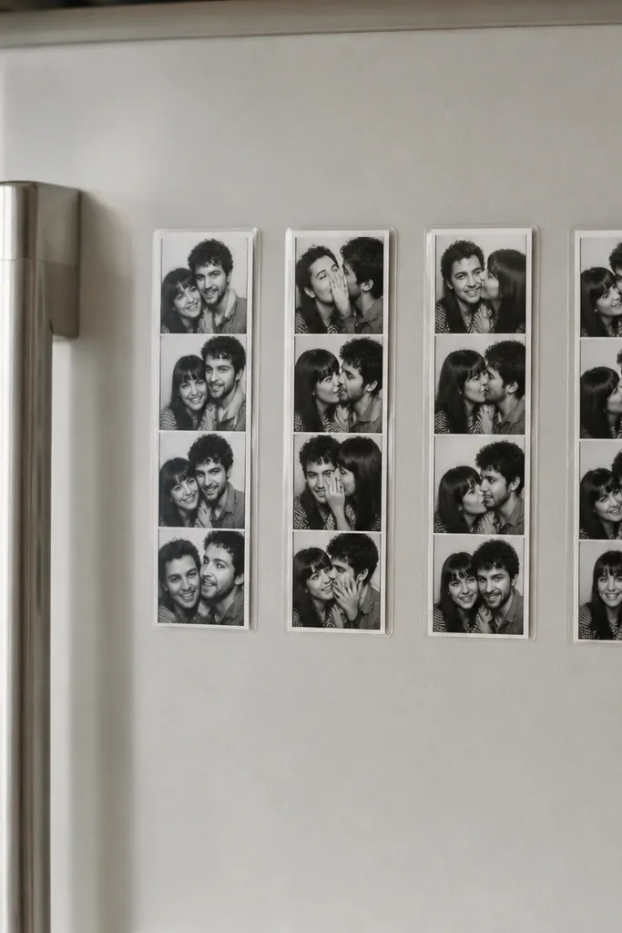 Four small monochrome photo strips sealed under clear laminate, each attached to a thin magnetic backing. They're arranged in a neat row on a fridge.