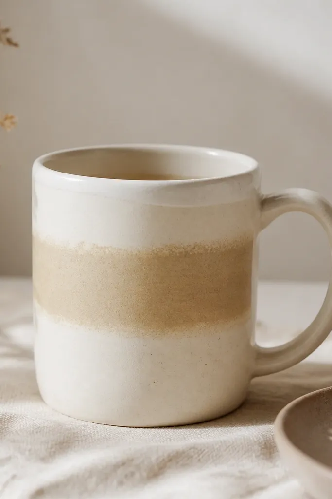 A cream ceramic mug with a slightly thicker white rim. One horizontal band wraps around the middle in chalky sand beige with uneven, hand-painted texture. The band fades subtly at the edges, and the handle is unpainted.