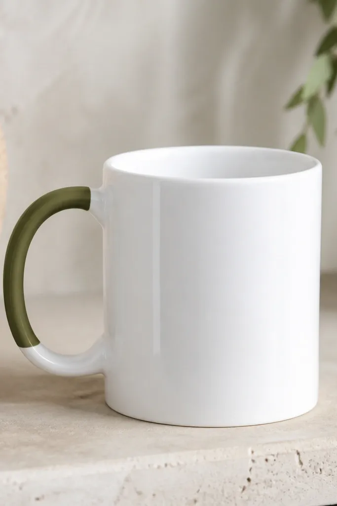 A minimalist white mug with a clean, glossy finish. The only decoration is a deep olive wrap that covers the handle from near the top curve down about two-thirds, leaving the cup body blank.