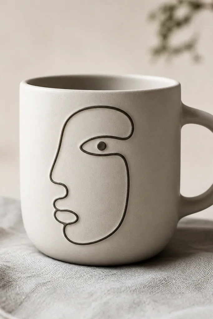 A matte off-white mug with a single continuous black line drawing on the front - a minimalist face outline with one eye dot. No fill, just one clean stroke, slightly raised like slip or glaze.