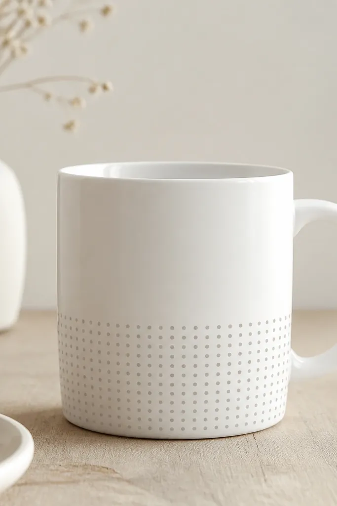 A white mug covered on the lower third with a neat grid of tiny dots in warm gray. The dots are uniform and matte, with lots of white space above. The handle stays plain.