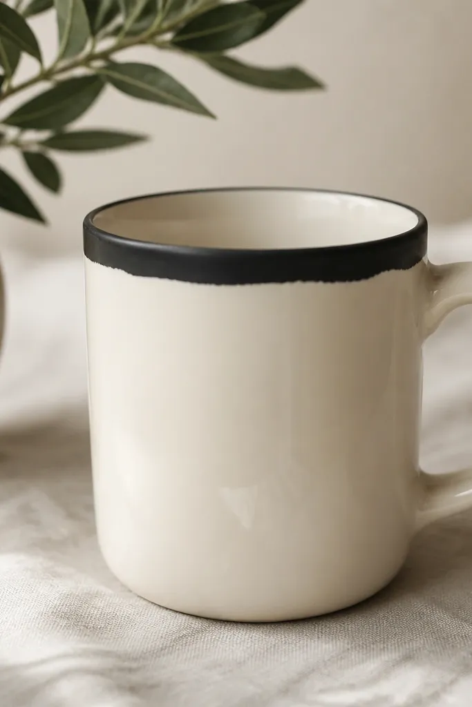 A glossy cream mug with the rim dipped in matte black paint. The black forms a thin band around the top edge, with a slightly uneven, hand-dipped look. The interior stays light.