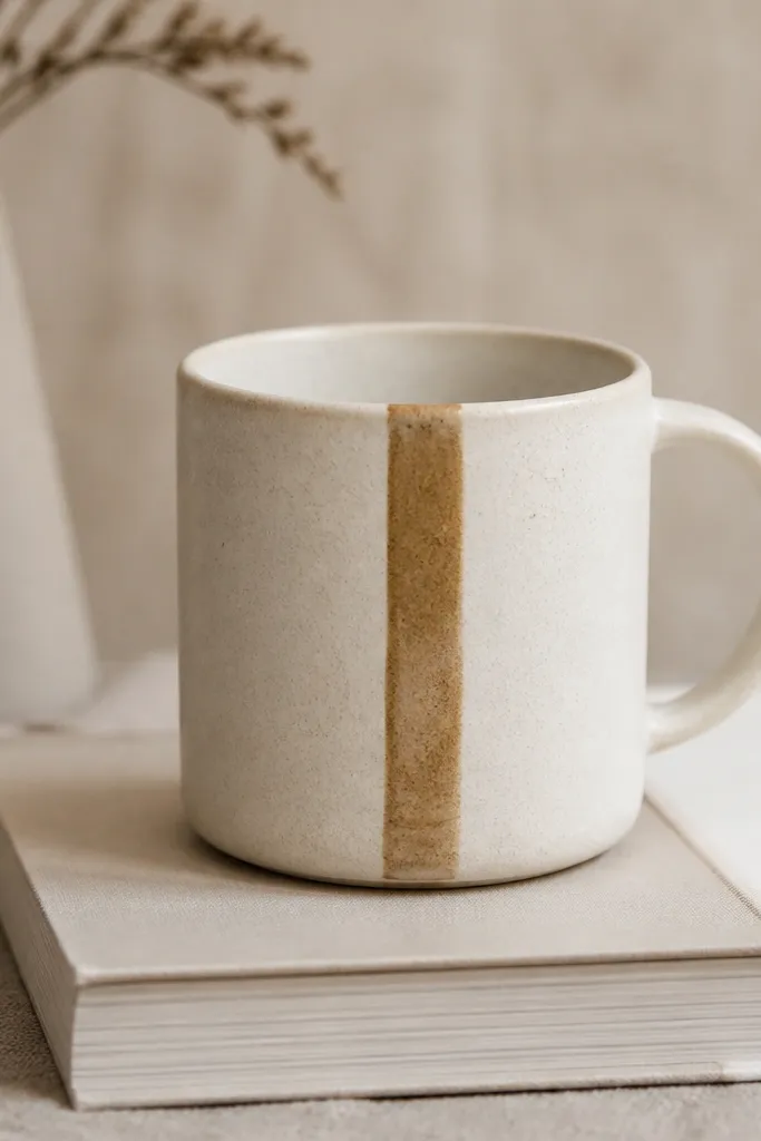 A warm white stoneware mug with a single raised vertical stripe on the front. The stripe is slightly darker clay, and the top is glossy compared to the matte body.