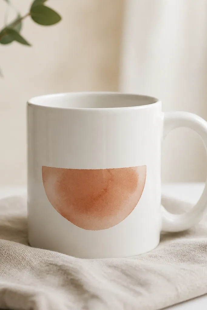 A white mug with a soft terracotta half-moon on the front. The terracotta looks like watercolor wash, with lighter edges and darker center. The rest of the mug is blank.
