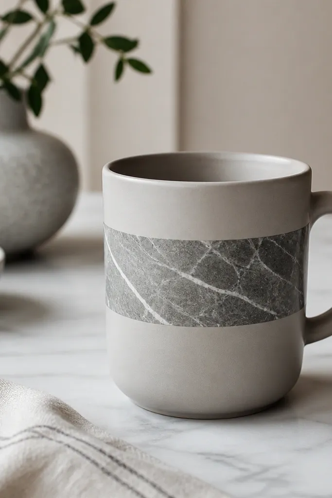 A light gray mug with a single horizontal band that looks like monochrome marble. The band has thin white veining on gray, and it's the only decorated area. The handle is plain.