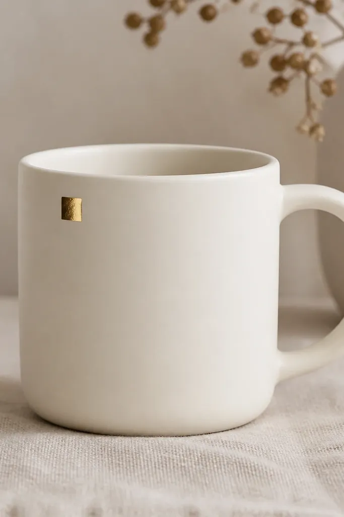 A matte off-white mug with one small gold foil square in the top-left corner of the front. The gold catches light in tiny highlights. Everything else is plain.
