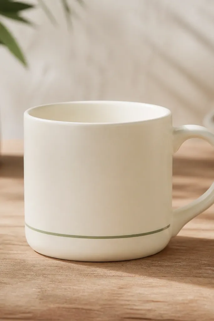 A cream mug with a single thin sage green line wrapping around the bottom third near the base. The line is crisp and evenly spaced, like a factory decal, while the rest is blank.