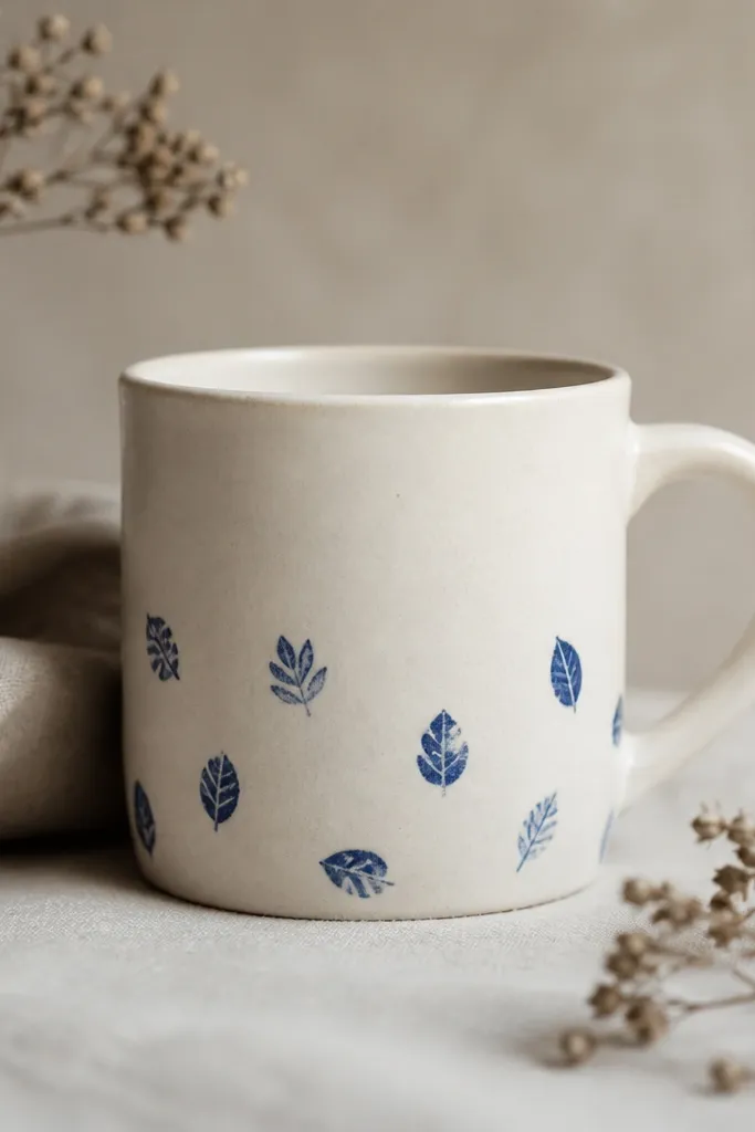 An off-white mug with small leaf shapes stamped in a single deep blue color. The stamps are scattered lightly on the lower half, with lots of blank space. The stamp edges are slightly imperfect.