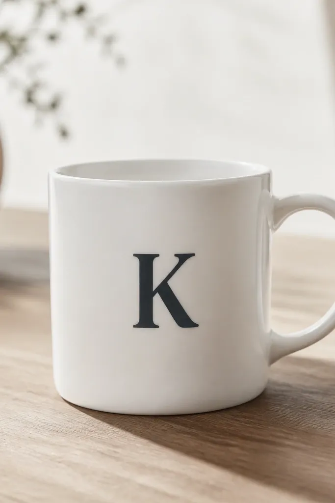 A white mug with one matte charcoal letter on the front, centered and about the size of a large coin. The letter has sharp edges and a slightly textured matte finish. No other graphics.