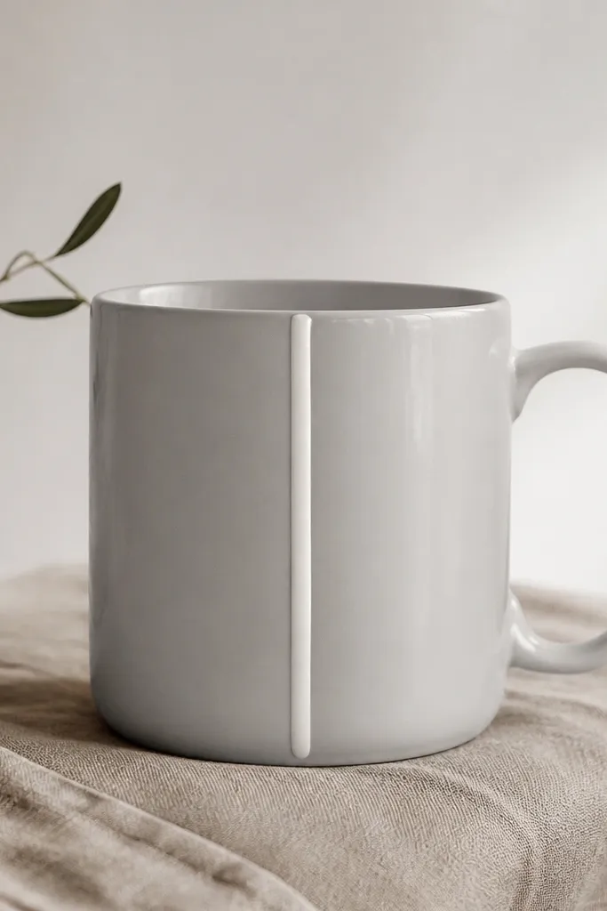 A pale gray mug with one thin vertical stripe down the center front. The stripe is slightly raised and glossier than the rest, in porcelain white. The stripe is straight and narrow.