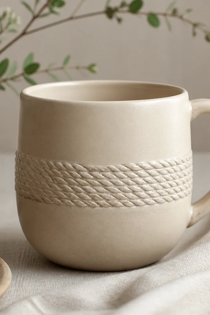 A cream mug with a rope-like textured band around the middle. The texture looks like twisted cord pressed into clay, with small highlights on the raised rope ridges. The rest of the mug is smooth.