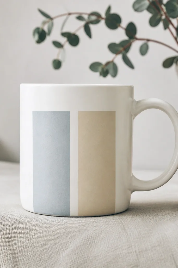 A white mug with two vertical color blocks on the front: one mist blue block and one bone beige block. The blocks are separated by a thin white gap, and they stop around the same height. The handle is unpainted.
