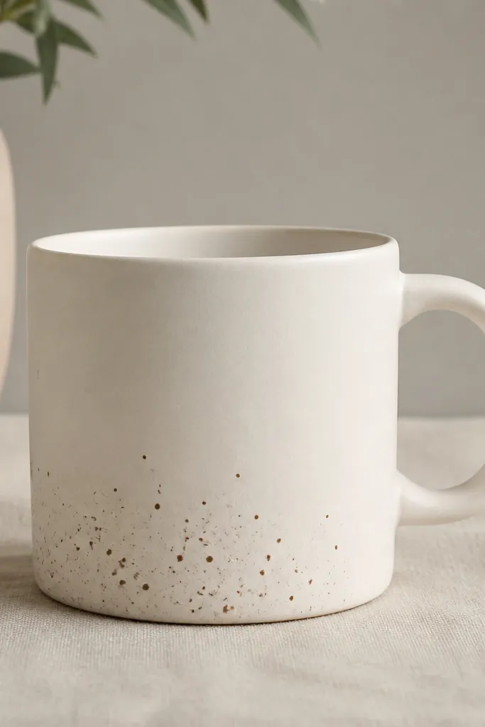A matte off-white mug with a few controlled spatter dots near the bottom rim area. The spatter is burnt umber, sparse, and stops before the handle. The rest of the mug is blank.