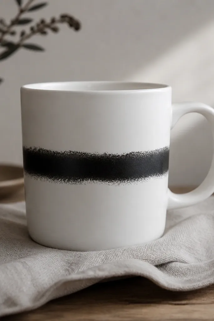 A white mug with a monochrome black stripe decal running around the midline. The stripe has a slightly textured edge, and the rest of the mug looks matte. The handle is plain.