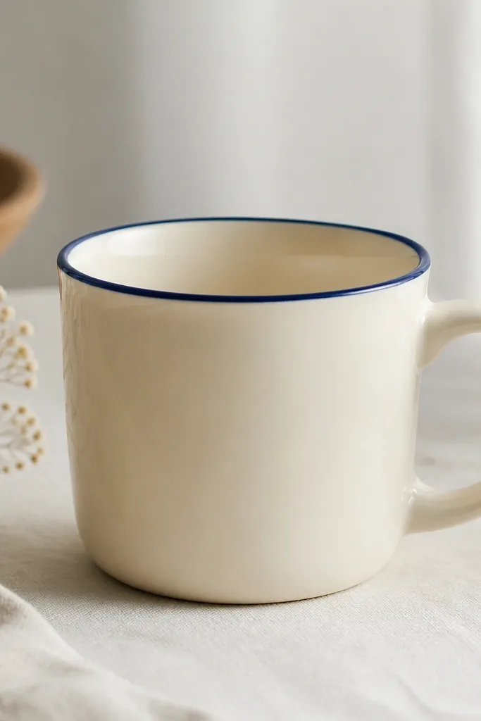 A cream mug with a thin colored border line around the rim edge. The border looks like enamel: slightly opaque, smooth, and crisp, in muted navy. The interior stays cream.