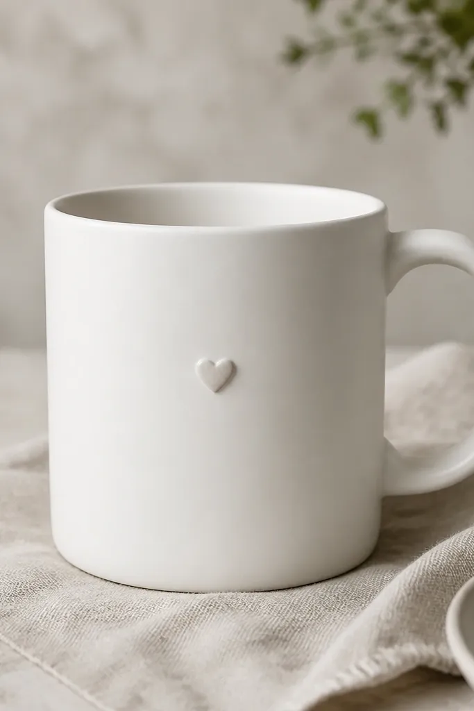 A matte white mug with a single small raised heart on the side, about the size of a dime. The heart is slightly darker or glossier than the mug body, making it stand out subtly. No other decoration.