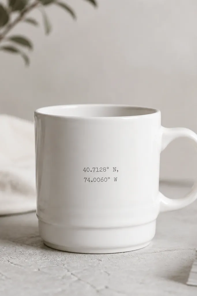 A plain white upcycled mug with a small text block in muted gray on the side. The text reads coordinates in a typewriter-style font, centered and small. No other graphics, clean and minimal.