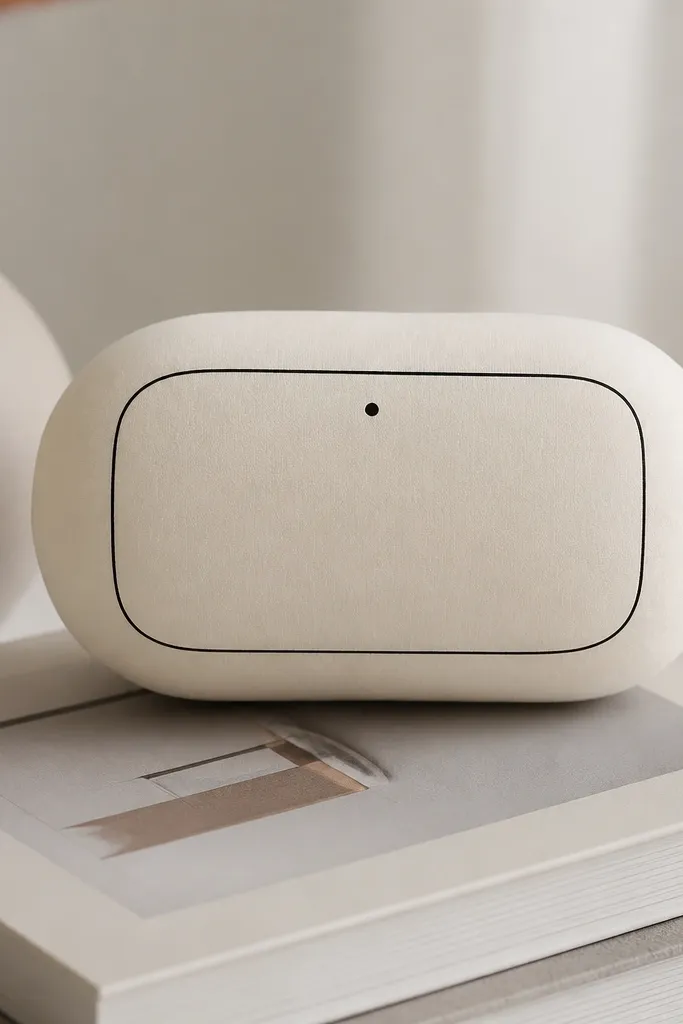 A cream paper squishy shaped like a rounded capsule. The front has a small off-white rectangular label panel with a single thin black line border and a tiny dot centered above the text area. The edges are neatly rounded with no visible glue blobs.