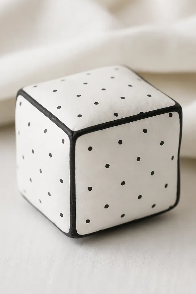 A small black-and-white paper squishy cube with soft rounded edges. The surface is mostly matte white with evenly spaced tiny black dots. A thin black outline frames each face, and the corners show a smooth, compressed look.