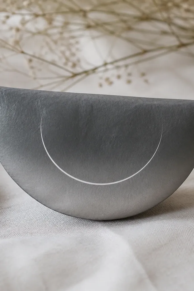 A slate gray paper squishy shaped like a rounded half-moon. The flat side is smooth and matte, and the curved side shows a subtle gradient from darker top to lighter bottom. A thin white crescent line decorates the center.