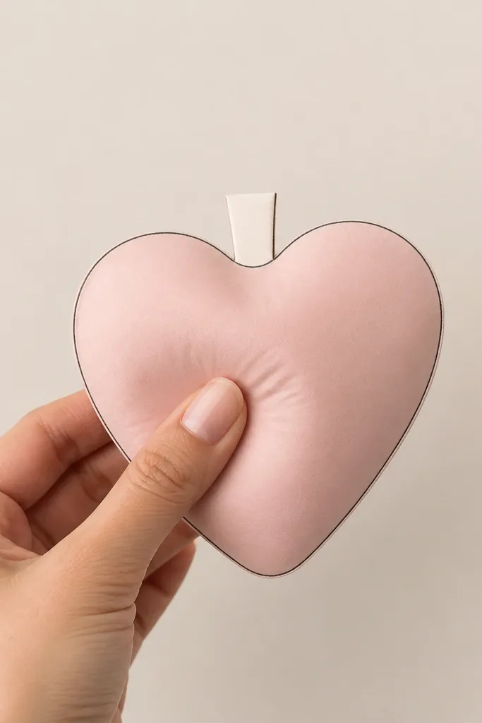 A blush pink paper squishy heart with a small off-white stem tab at the top. The heart has clean edges and a single thin gray outline. The background is matte, and the heart looks soft when slightly pressed.