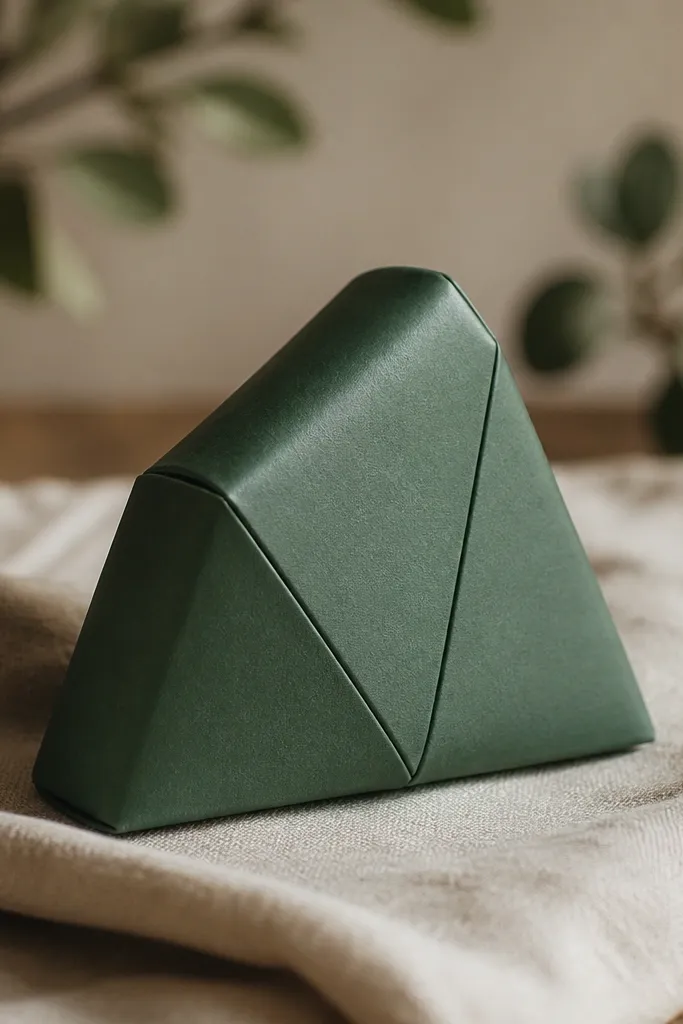 A forest green paper squishy shaped like a rounded triangle prism. Each face has a subtle crease pattern like origami folds, but everything is clean and aligned. The top edge is slightly glossy compared to the matte sides.