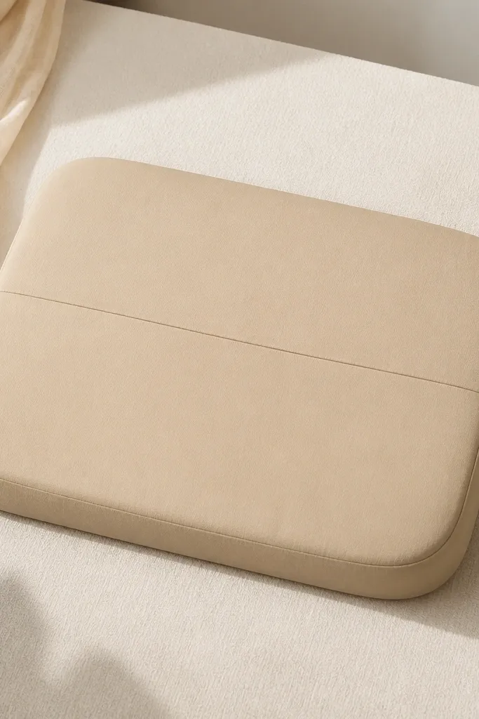 A sand beige squishy rectangle with rounded corners. It has a single horizontal seam line across the middle, and the surface is unpatterned matte. The sides look slightly thicker, showing the compress layer.