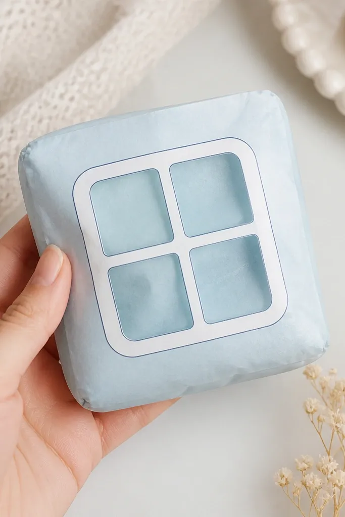 An ice blue paper squishy with a window-frame cutout panel in the center. The frame is white with a thin gray outline, and the inner area shows a translucent light blue layer. Edges are rounded and the squishy looks softly compressed.