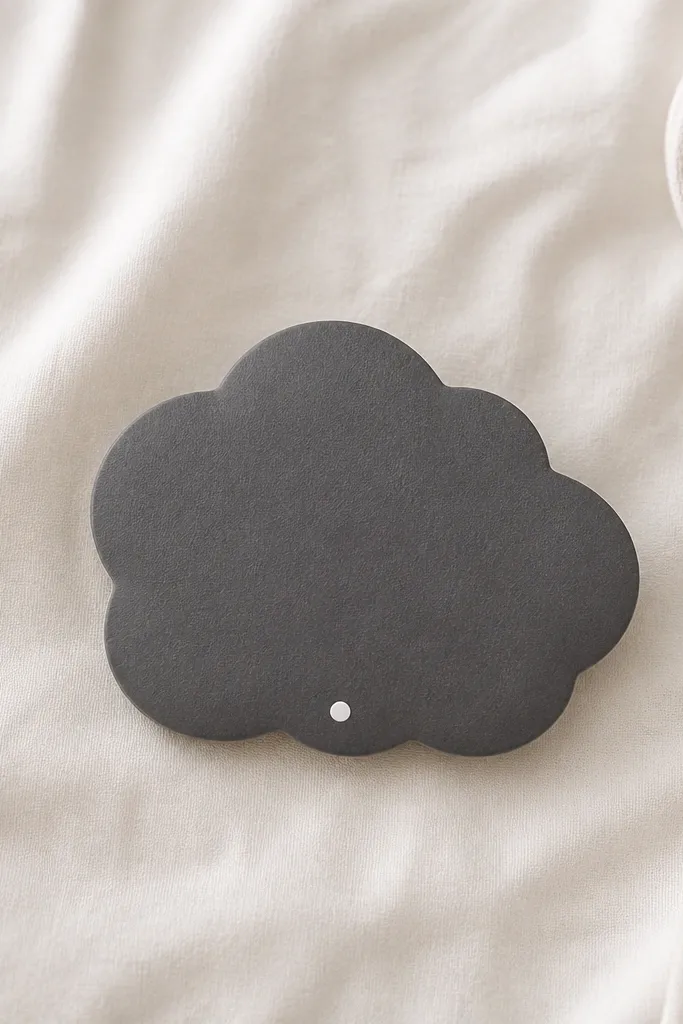A charcoal gray cloud-shaped paper squishy with smooth rounded bumps. The surface is matte and plain, with a single small white dot near the bottom. The back is the same charcoal color and the edges are clean.