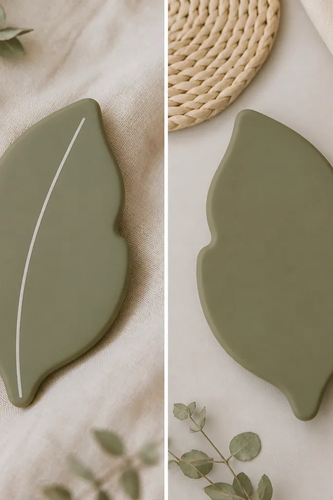 A muted olive green squishy leaf shape with a single thin off-white stem line running from base to tip. The leaf has smooth edges and a matte finish. The back is plain olive with no extra marks.