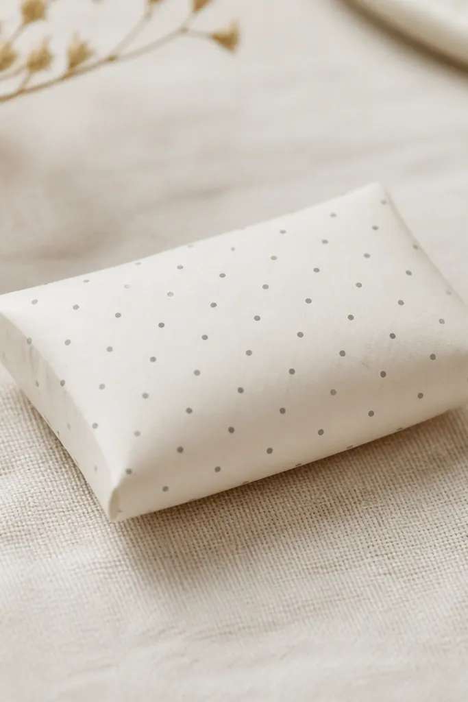 A tiny pillow-shaped paper squishy in warm white. The surface has a neat grid of evenly spaced gray dots, and the edges are rounded. The sides show a slight thickness that suggests a soft insert.