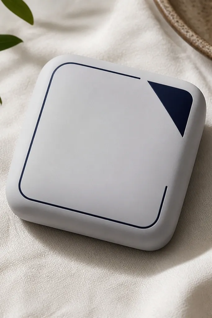 A matte light gray square squishy with rounded edges. One corner has a navy triangle accent like a clean graphic. A thin navy border runs around part of the square, stopping before the opposite corner.