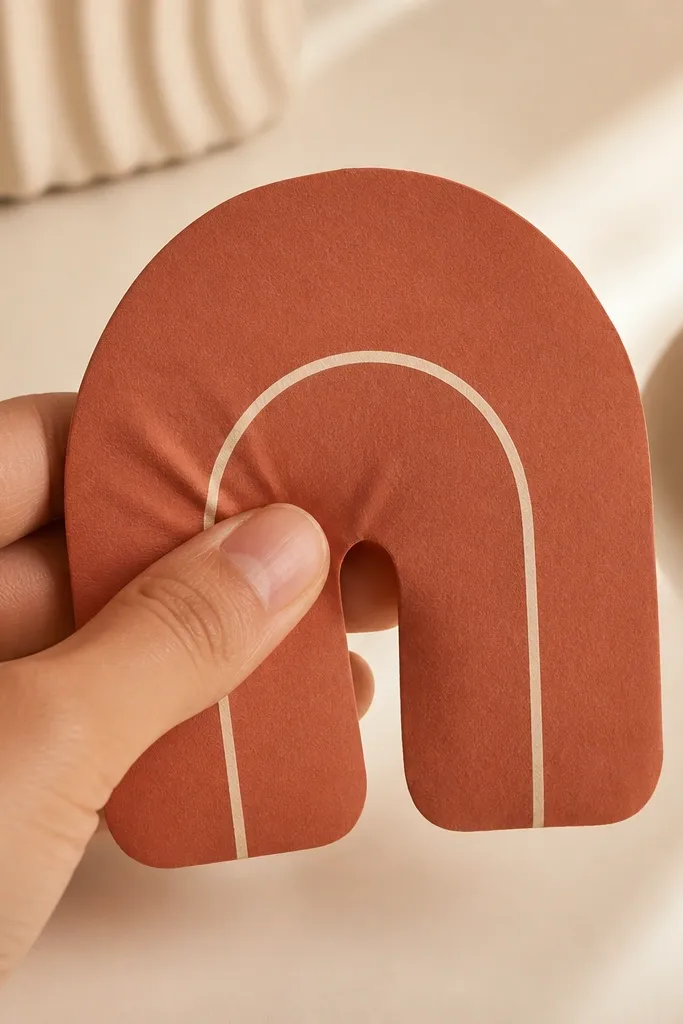 A rust terracotta arch-shaped paper squishy with rounded ends. The surface is matte and plain, with a single off-white arc line inside the arch. The squishy looks soft and slightly curved when pressed.
