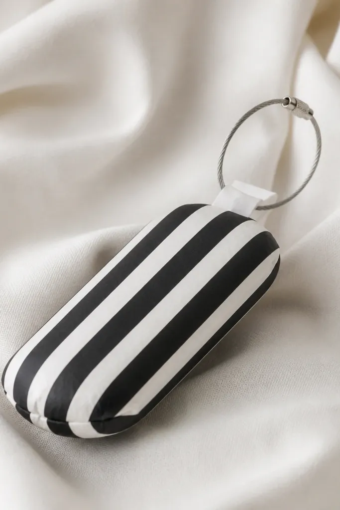 A small black-and-white striped paper squishy attached to a thin keychain loop. The stripes run vertically, and the squishy has rounded ends. The loop is attached through a reinforced paper tab, and the stripes stay aligned.